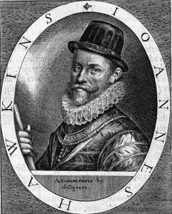 Ritratto di Sir John Hawkins (Hawkyns) Ammiraglio inglese (1532-1595), noto per essere stato il primo a commerciare in schiavi, fece diversi viaggi, finanziati da mercanti londinesi, tra Africa e Americhe. Incisione del 1620