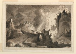Disegno, scenografia, incendio della città, 1810-20 ca.