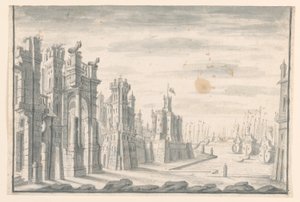 Disegno, scenografia, vista della città e del porto, inizio XVIII secolo da Unknown artistUnknown artist