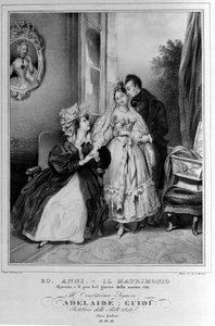 20 anni: matrimonio. Rappresentazione di una coppia di sposi. Litografia del XIX secolo. da Unknown artist