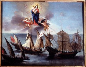 Una barca di Genova attaccata da una galeotta e una mezza galea barbarica. Ex-voto 1796. Museo navale di Genova-Pegli da Unknown artist