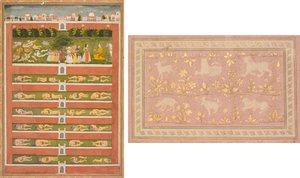 Una principessa e demoni davanti a un nobile: Una foglia da un romanzo poetico relativo a Shah Alam I (recto); Scene stencil di leone e gazzella (verso)