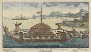 Vista della Zattera Francese, vista a St. Maloes, febbraio 1798. La macchina è lunga 600 piedi e larga 300, monta 500 pezzi di cannone, 36 e 48 libbre, ed è destinata a trasportare 15.000 truppe per l