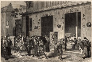 Una libreria, con pile di libri e lettori, a Yedo (o Edo, l