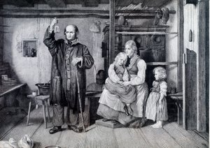 Un medico che esamina una bottiglia, probabilmente una fiala di urina, durante una visita a una madre e ai suoi due figli che vivono in povertà (incisione) da Unknown artist