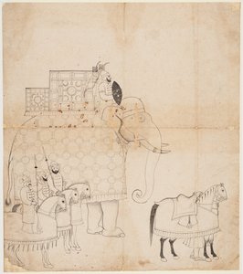 Un disegno di elefante e cavalli bardati da Unknown artist