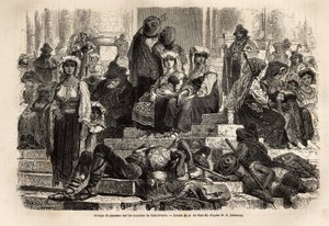 Un gruppo di contadini e pastori si riuniscono per la celebrazione della Settimana Santa sui gradini di San Pietro in Vaticano. Incisione per illustrare la storia della Settimana Santa a Roma, nel 1863, di Ludovic Celler, in 