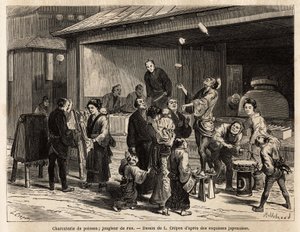 Una scena vivace di una strada di Edo (Tokyo), con un giocoliere itinerante davanti a una pescheria e un venditore di stoffe a buon mercato. Incisione per illustrare il viaggio in Giappone, di Aime Humbert, ministro della Confederazione Svizzera, nel 1863- da Unknown artist