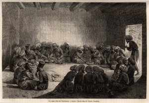 Un pasto dai Turcomanni (Iraq). Disegno di Emile Bayard (1837-1891), per illustrare il viaggio in Asia Centrale, nel 1863, di Arminius Vambery (scienziato ungherese travestito da derviscio). Incisione in "Le tour du monde", a cura di Edouard Charton.