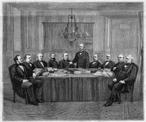 Una riunione del Consiglio dei Ministri a Versailles. Da sinistra a destra: Louis Buffet (1818-1898), Ministro dell