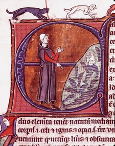 Un monaco davanti a uno stagno, una sirena è rappresentata tra i pesci. Miniatura tratta dal manoscritto 