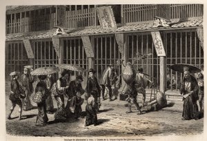 Una farmacia a Yedo (o Edo, odierna Tokyo), il farmacista lavora con il suo aiuto davanti agli occhi del pubblico, protetto da una griglia di legno laccato, davanti alla quale le barche aspettano in strada per essere servite e poi pagano passando il denaro