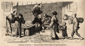 Un venditore di semi in mezzo alla strada. Incisione per illustrare il viaggio in Giappone, nel 1863-1864, di Aime Humbert, ministro della Confederazione Svizzera, in 