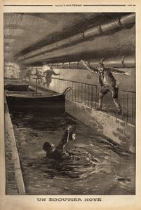 Un segugio di Parigi annega pulendo una derivazione fangosa. Incisione in "Le petit journal" 15/9/1899. Collezione Selva da Unknown artist