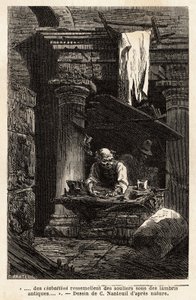 Un calzolaio, che ha allestito il suo negozio e lavora in antiche rovine. Incisione per illustrare il viaggio a Roma, di Francis Wey, nel 1864-1868, pubblicato in 