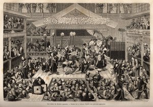 Un palco del teatro giapponese, a Yokohama, con tre gallerie per la ricezione degli spettatori; gli attori recitano su un palco alto, ciascuno accompagnato da un uomo che tiene un lungo bastone alla cui estremità è fissata una candela; durante la rappresen da Unknown artist