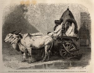 Un carro da viaggio trainato da due buoi bianchi, per signore o indù benestanti. Incisione per illustrare il viaggio nelle province meridionali dell