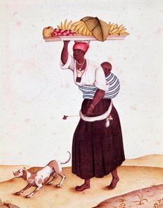 Una fruttivendola ambulante in Brasile, porta il suo bambino sulla schiena da Unknown artist