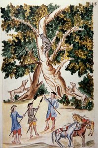 Un gatto selvatico si appollaia su un albero, i cacciatori lo attendono, dal libro "Trujillo del Peru" o "Codice Martínez Compañón", di Baltazar Martinez Compañón y Bujanda, vescovo di Trujillo (1782-1785) da Unknown artist