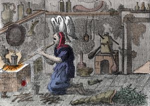 Una strega nel suo laboratorio che prepara una pozione magica. Incisione del XVI secolo da Unknown artist
