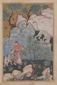 Una donna con due bambini, avendo abbandonato la sua casa, va nella foresta dove incontra un leopardo, da un Tuti-nama (Tales of a Parrot): Trentesima Notte da Unknown artist