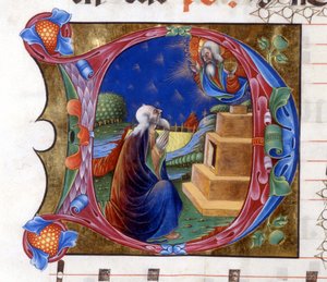 Abramo è invitato dal Signore a lasciare la sua terra. Miniatura da un coro del XV secolo ("civitatis" di Sant