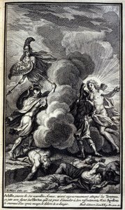 Achille, coperto con le sue nuove armi, dopo aver attaccato con rigore i Troiani, si scaglia con furia su Ettore, che è pronto a massacrare per il suo risentimento, ma Apollo lo copre con una fitta nube e lo libera da questo pericolo. Illustrazione del lib da Unknown artist