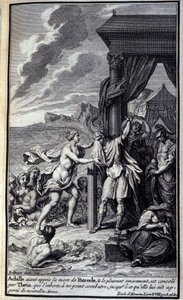 Achille, avendo saputo della morte di Patroclo e piangendolo amaramente, è consolato da Teti, che lo esorta a non combattere, finché non gli porterà nuove armi. Illustrazione del libro XVIII dell