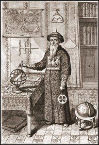Adam Schall, astronomo (1592-1666) in costume mandarino, con globi terrestri e celesti e astrolabio - in “China” di Athanase Kircher