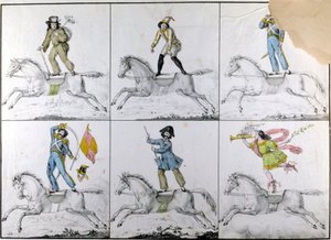 Acrobazie: esercizi acrobatici a cavallo. Incisione. da Unknown artist