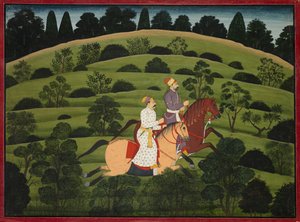 Akrura cavalca verso Dwarka, pagina dal grande Basohli Bhagavata Purana da Unknown artist