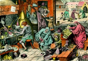 Laboratorio di alchimia Un alchimista consulta un grimorio. Incisione del XVI secolo Collezione privata da Unknown artist