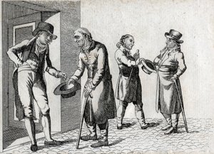 Mendicanti che tendono cappelli per raccogliere monete. Incisione di fine XVIII secolo. Collezione privata. da Unknown artist