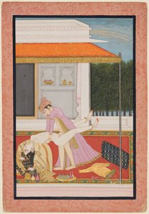 Una coppia amorosa, probabilmente Raja Mahendra Pal di Basohli (r. 1806-13) con una regina favorita