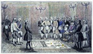 Una loggia di apprendisti a Parigi, circa 1740: questa scena raffigura la ricezione di un "apprendista" massone (sul pavimento il dipinto della loggia degli apprendisti) - secondo un
