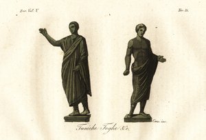 Antiche statue etrusche che mostrano uomini che indossano la toga, tunica, calzari, ecc. da Unknown artist