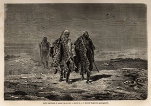 Beduini arabi, mercanti di pelli di pantera e lana di pecora, in viaggio verso il mercato di Baghdad (Iraq). Incisione per illustrare il viaggio in Babilonia, nel 1866, di Guillaume Lejean, in 