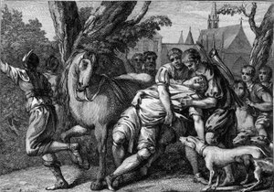 Assassinio di Chilperico I (539-584), re di Neustria, sponsorizzato da sua moglie, la regina Fredegonda (ca. 545-597), 584. Incisione del XVIII secolo da Unknown artist