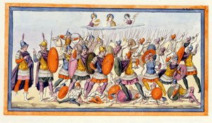 Atena ed Era sostengono i Troiani nella loro lotta contro i Greci. L
