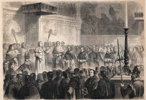 Udienza concessa da Papa Pio IX (1792-1878) a ecclesiastici stranieri nella Cappella Sistina a Roma in occasione delle celebrazioni della canonizzazione dei 26 "martiri del Giappone", un gruppo di cattolici crocifissi in Giappone nel 1597 da Unknown artist