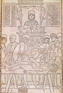 Autopsia. Codice. Il corpo di un uomo morto dissezionato dai medici per uno studio di anatomia, Fascicula Medicinae, codice di un fascicolo medico di Johannes Kethan