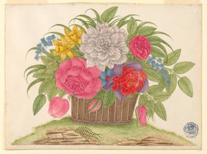 Cesto di fiori e foglie sulla terra da Unknown artist