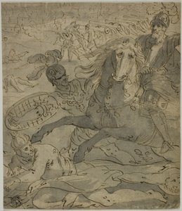 Scena di battaglia con generale in carica a cavallo in primo piano, artiglieria e cannoni sullo sfondo da Unknown artist