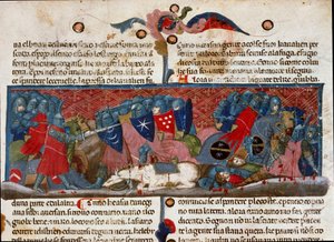 Scena di battaglia, guerrieri in armatura che si scontrano (dettaglio)