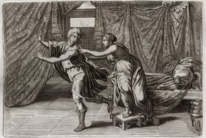 Bibbia di Royaumont, Antico Testamento: Castità di Giuseppe. Giuseppe sollecitato dalla moglie di Putifarre e imprigionato. Illustrazione del 1811. da Unknown artist