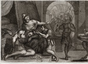 Bibbia di Royaumont, Antico Testamento: Morte di Sansone. Sansone rivela a Dalila che la sua forza risiede nei suoi capelli. Lei gli taglia i capelli e fa entrare i soldati filistei nella stanza. Illustrazione del 1811. da Unknown artist