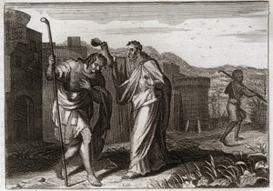 Bibbia di Royaumont, Antico Testamento: Rito di Saul. Samuele, per ordine di Dio, consacra Saul re degli Ebrei. Illustrazione del 1811 da Unknown artist