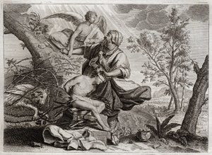 Bibbia di Royaumont, Antico Testamento: Sacrificio di Abramo. Un angelo trattiene la mano di Abramo prima del sacrificio di suo figlio Isacco. A sinistra, il montone che Abramo ucciderà al suo posto. Illustrazione del 1811. da Unknown artist
