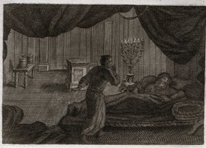 Bibbia di Royaumont, Antico Testamento: Samuele consegnato a Eli. Anna consacra il piccolo Samuele al Signore e lo affida al sommo sacerdote Eli. Samuele, che sente la voce del Signore chiamarlo nel mezzo della notte, pensa che sia il suo mentore. Illustra da Unknown artist
