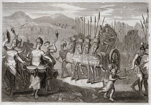 Bibbia di Royaumont, Antico Testamento: Trionfo di Davide. Dopo che Davide ha sconfitto il gigante Golia, le donne di Israele lo precedono per onorare il suo trionfo, con grida di gioia e il suono degli strumenti. Illustrazione del 1811.
